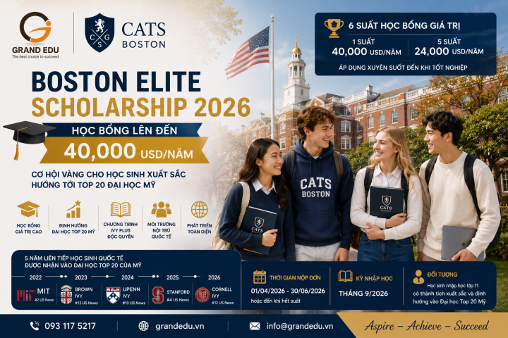 HỌC BỔNG BOSTON ELITE SCHOLARSHIP 9/2026: CƠ HỘI NHẬN ĐẾN 40.000 USD/NĂM VÀ CHINH PHỤC TOP 20 ĐẠI HỌC MỸ