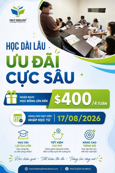 HỌC BỔNG DU HỌC PHILIPPINES 2026: HELP ENGLISH TẶNG ƯU ĐÃI LÊN ĐẾN 300 USD VÀ THƯỞNG 6.000 PHP MỖI 4 TUẦN